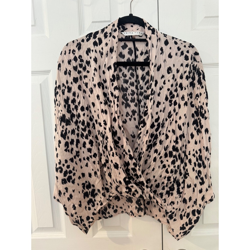 Trina Turk Pink Black Animal Print Silk Blend Wrap Blouse size XS/S. Excellent